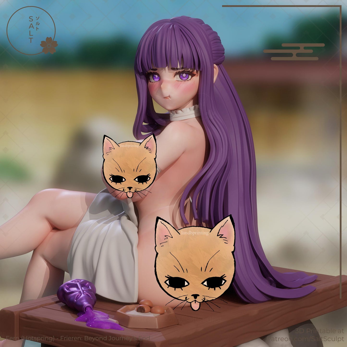 May include: A figurine of a woman with long purple hair and purple eyes, seated on a wooden platform. She is wearing a white collar and a white cloth. A purple bottle and a tray of brown objects are on the platform. The image has the text "SALT" and Japanese characters.