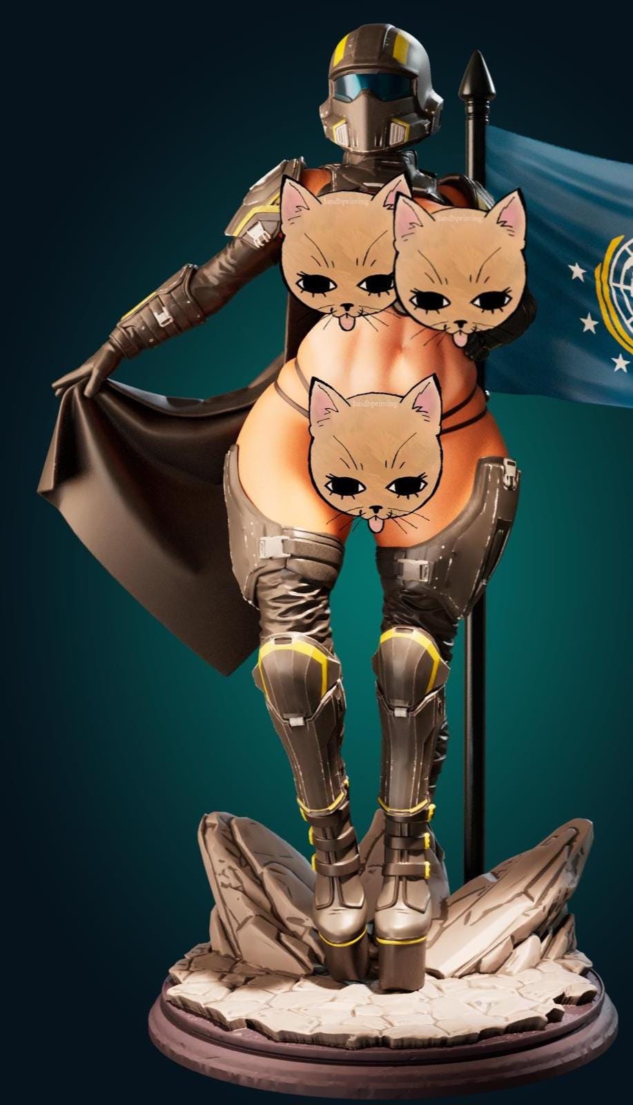 May include: A futuristic figurine of a female figure in a dark brown and yellow armored suit, helmet, and boots. The figure is holding a black cape and a flag with a blue background and a star design. The figure is standing on a rocky base.