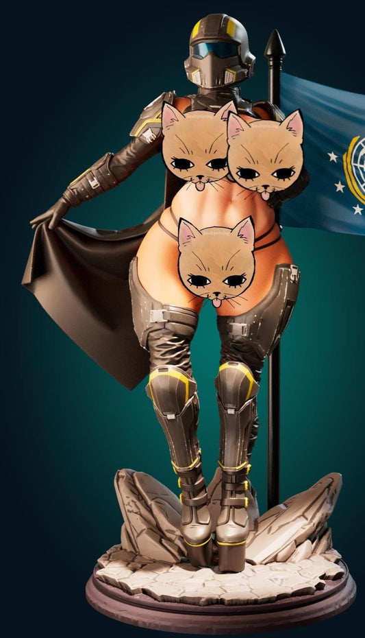 May include: A futuristic figurine of a female figure in a dark brown and yellow armored suit, helmet, and boots. The figure is holding a black cape and a flag with a blue background and a star design. The figure is standing on a rocky base.