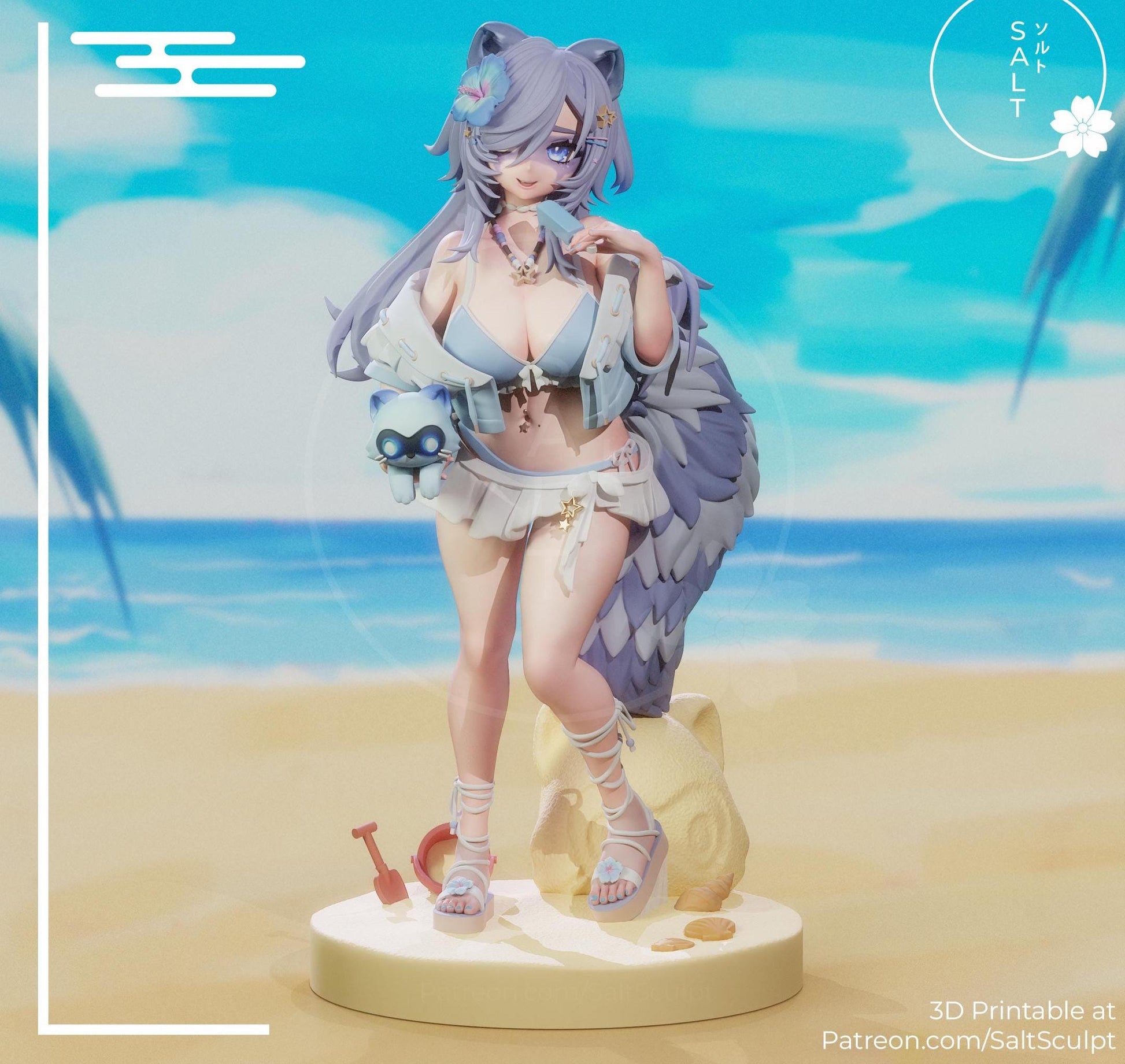 May include: A detailed 3D-printed figurine of an anime-style character in a beach setting. The figure wears a light blue bikini, white skirt, and sandals. The background shows a beach and ocean. Text on the image reads "Snuffy - ENVtuber" and "SALT".