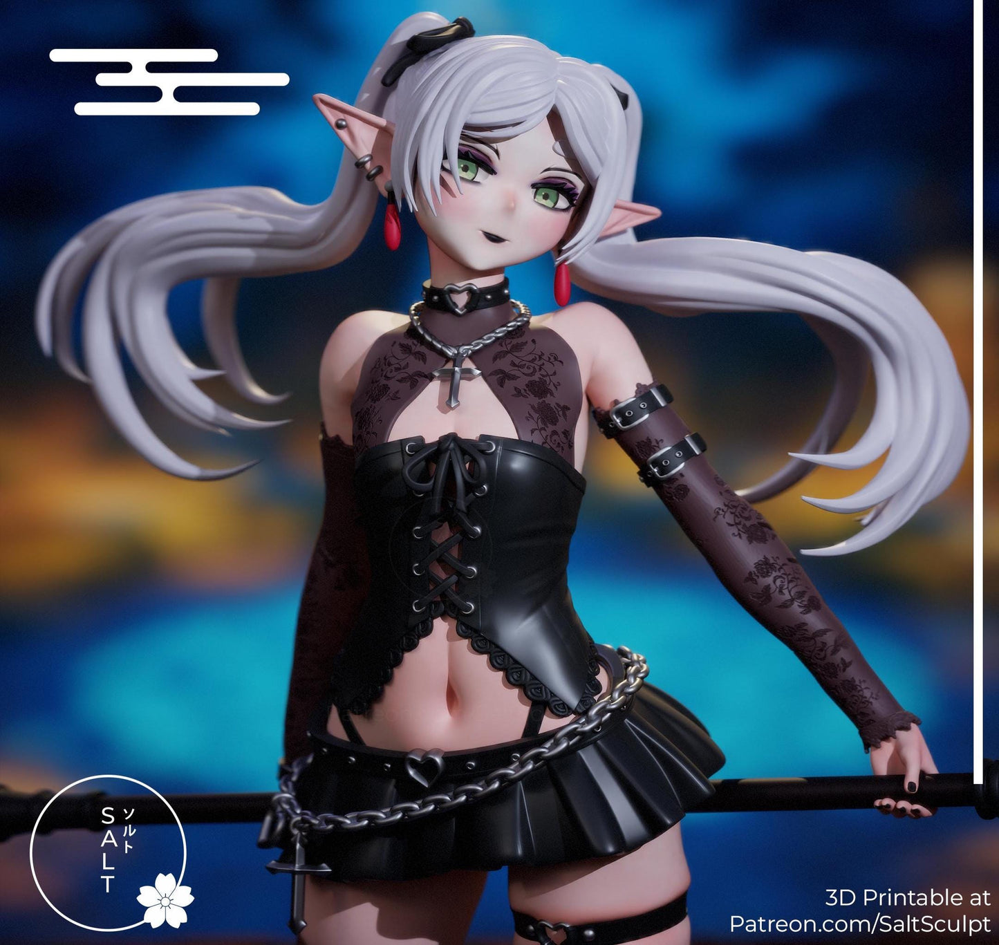 May include: A gothic-style figurine of a female character with long white hair, pointed ears, and green eyes. She wears a black outfit with a corset, skirt, and arm sleeves. The figure has a cross necklace and a chain belt. Text on the image reads "Frieren (Goth)" and "3D Printable at Patreon.com/SaltSculpt."