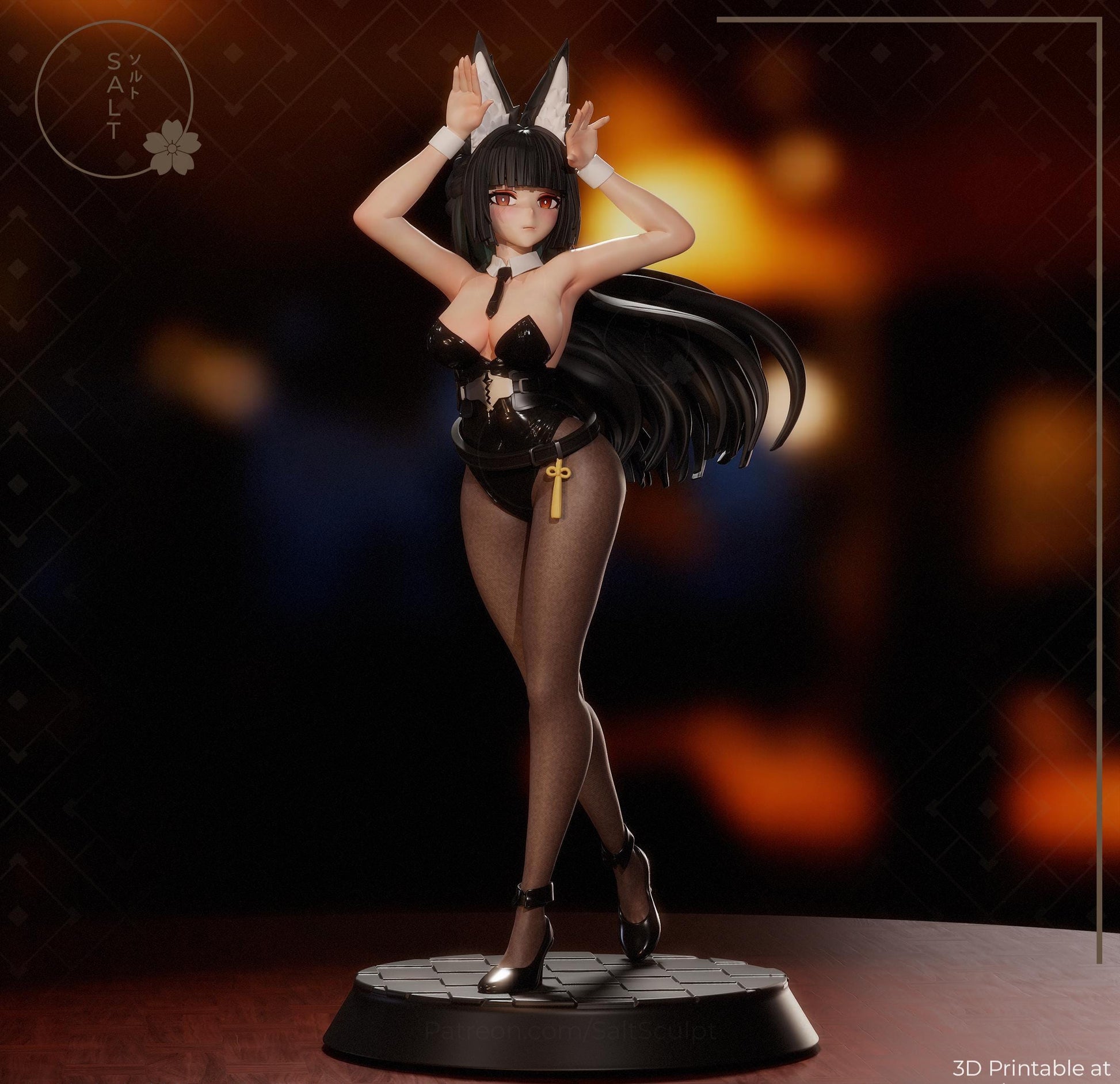 May include: A detailed figurine of Hoshimi Miyabi, a bunny girl from Zenless Zone Zero, stands on a round base. The figure wears a black bodysuit, fishnet stockings, and high heels. Her long black hair and bunny ears are prominent. The figure is a 3D printable model.