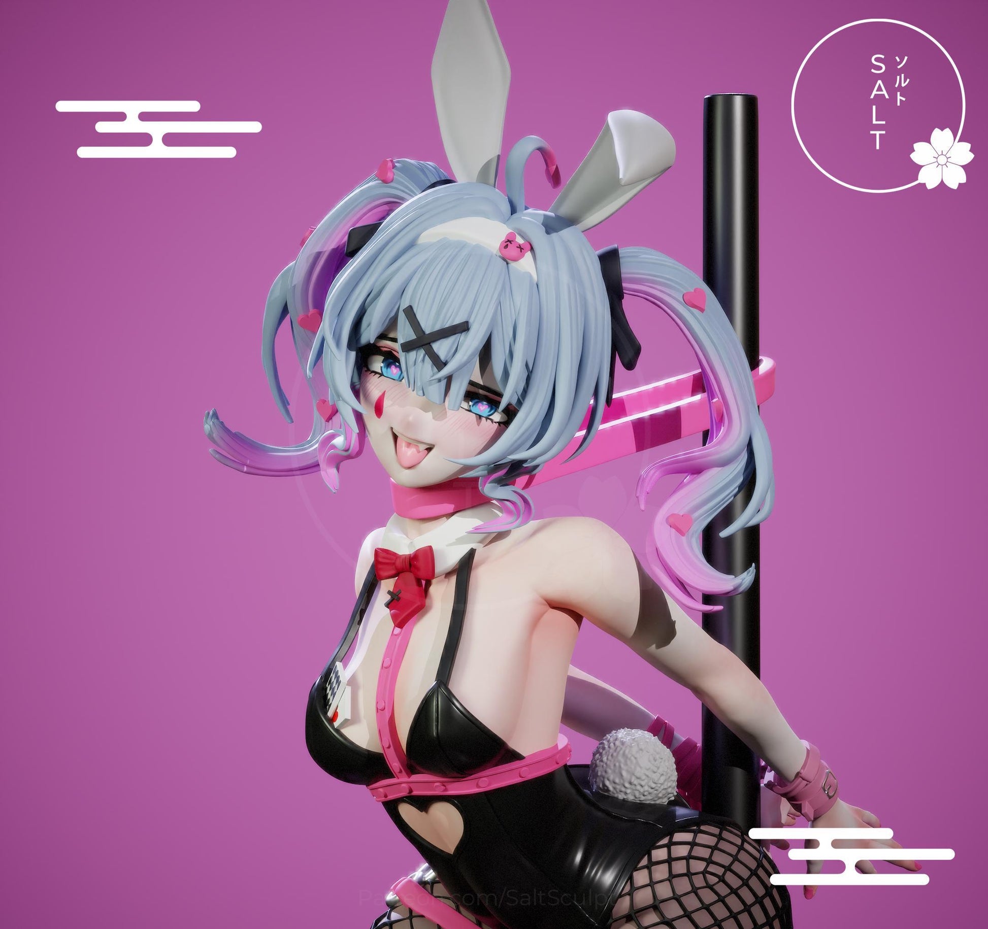 May include: A 3D-printed figurine of a character with blue hair, bunny ears, and a black and pink outfit. The figurine has a playful expression and is posed with a pole. The text "Miku Rabbit hole - DECO*27" is visible at the bottom.