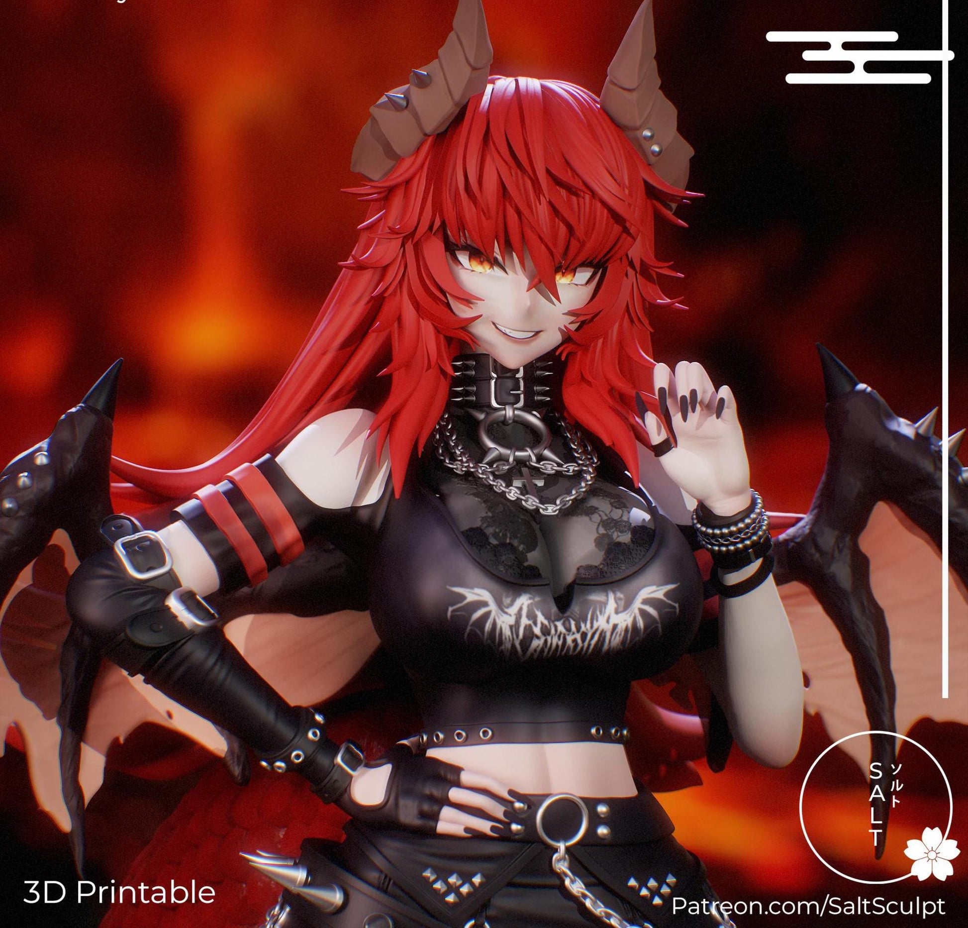 May include: A 3D printable figurine of a female anime character with red hair, horns, and wings. She wears a black outfit with a choker, bracelets, and a belt. The image includes the text "Zentreya - EN Vtuber" and "3D Printable".