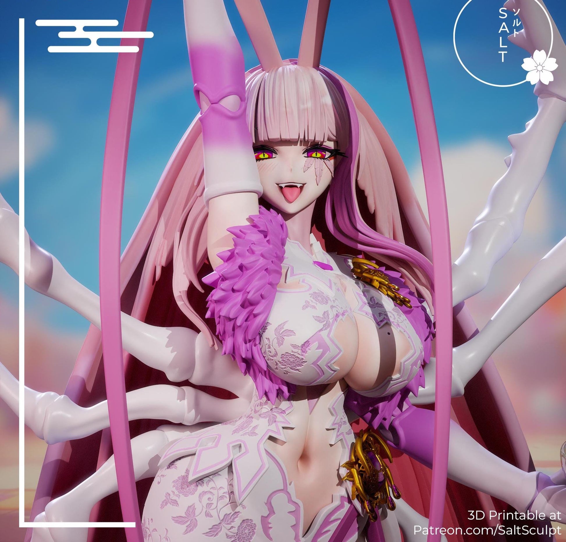 May include: A 3D-printed anime figure of a female character with pink hair and a white and purple outfit. The figure has multiple arms and a stylized design. Text on the image includes "Matara Kan - ENVtuber" and "SALT".
