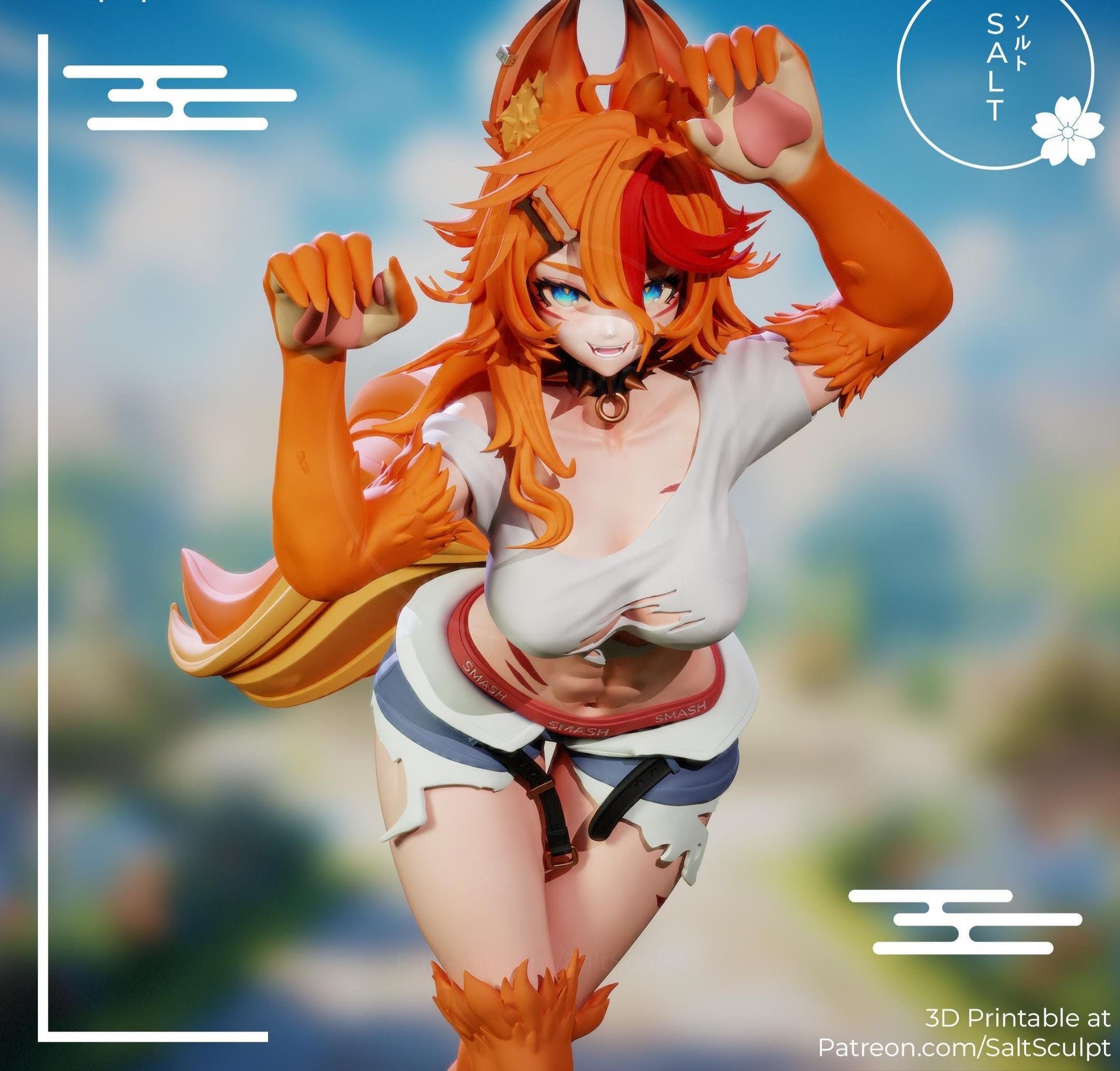 May include: A 3D-printed figurine of a female anime-style character with orange fur, hair, and ears. She wears a torn white shirt, blue shorts, and a black choker. The figure has blue eyes and a playful pose. The text "Buffpup - ENVtuber" is at the top.