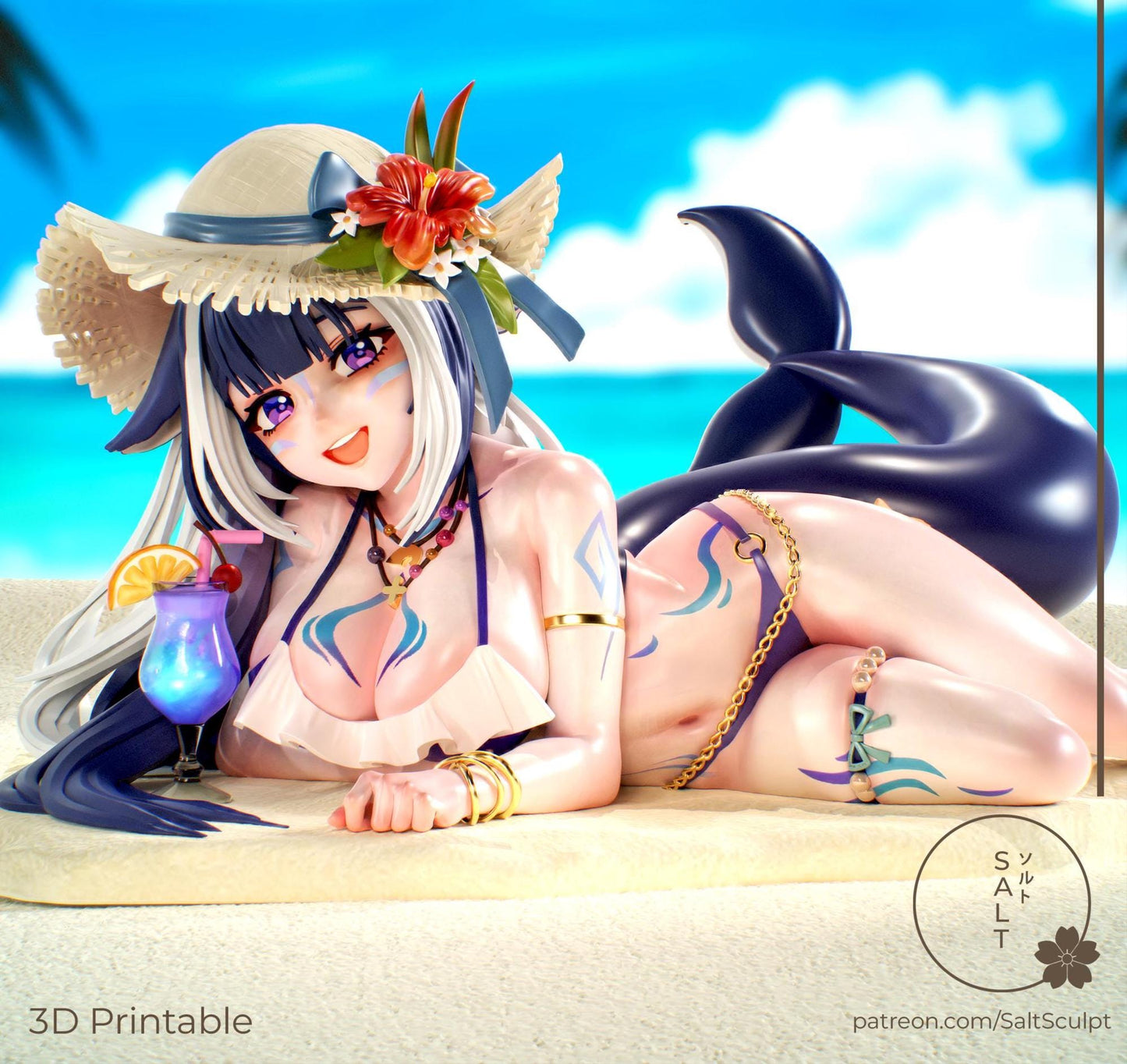 May include: A 3D-printed figurine of a character in a swimsuit and sun hat, lying on a beach. The character has blue and white hair, and is holding a cocktail. The figurine is a 3D printable model.