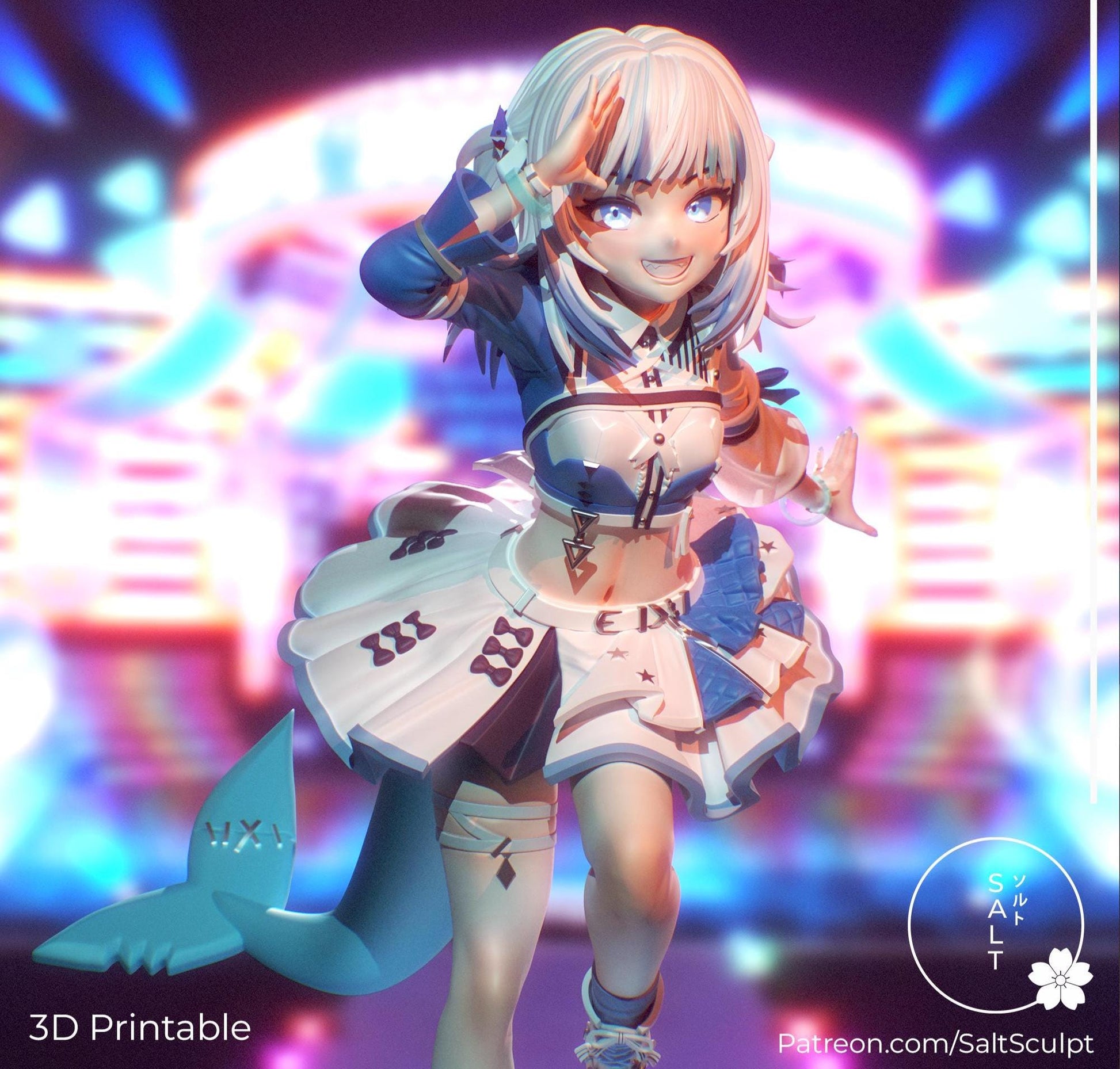 May include: A 3D-printed figurine of Gawr Gura from Hololive EN, featuring a blue and white outfit with a shark tail. The figure has blue eyes and white hair with blue highlights. The text "3D Printable" is visible at the bottom.