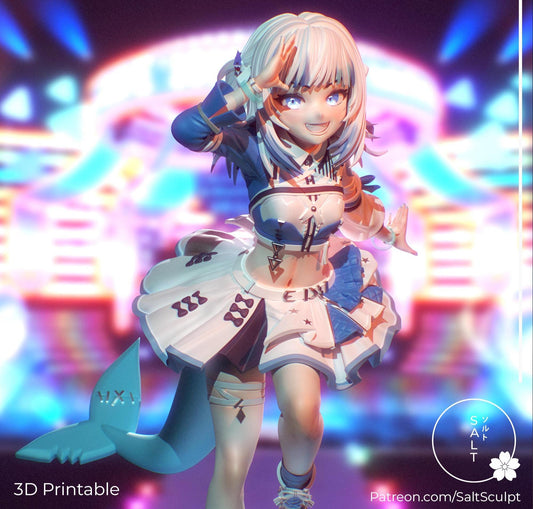 May include: A 3D-printed figurine of Gawr Gura from Hololive EN, featuring a blue and white outfit with a shark tail. The figure has blue eyes and white hair with blue highlights. The text "3D Printable" is visible at the bottom.