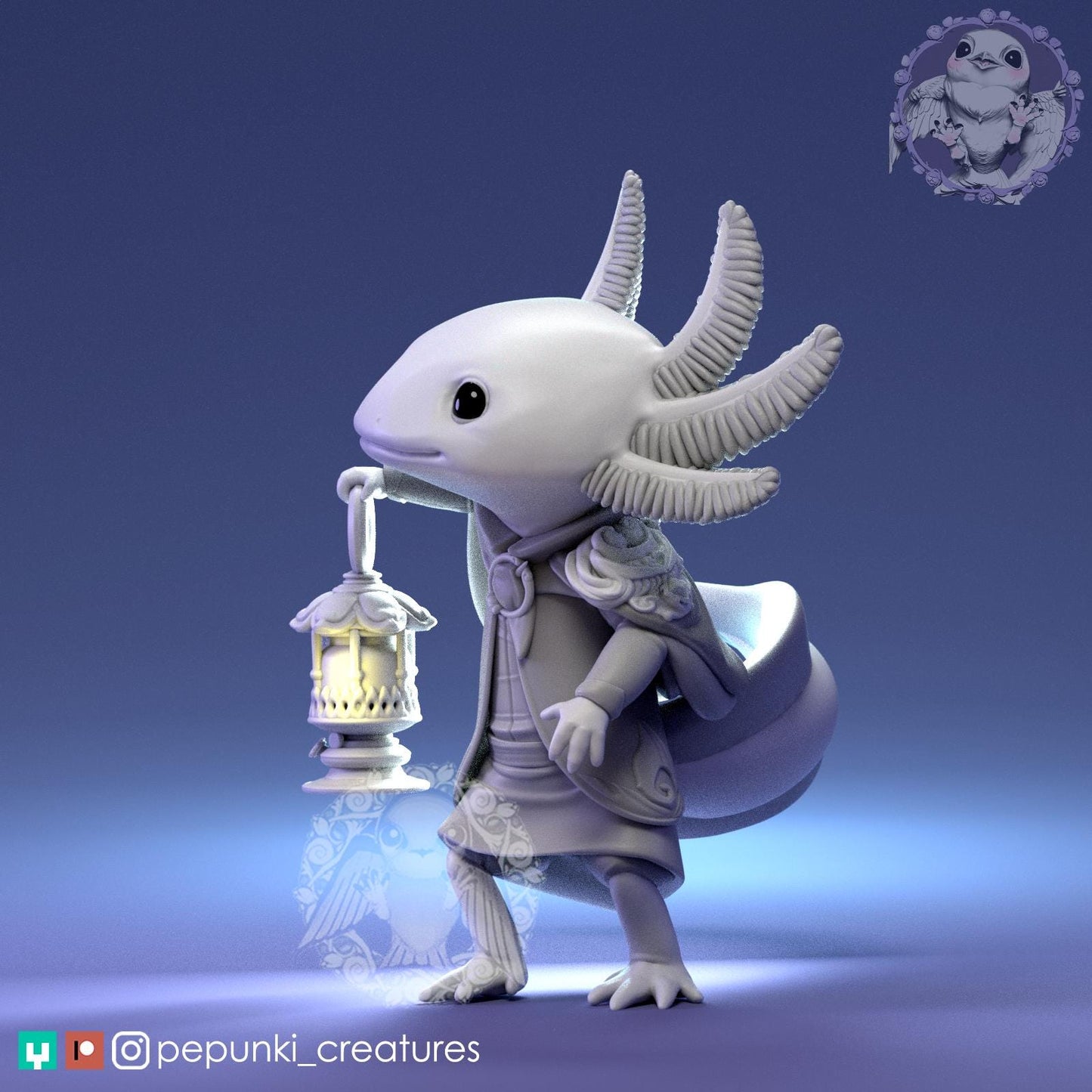 Little Axolotl with Lamp | Tabletop Miniature | Pepunki Creatures