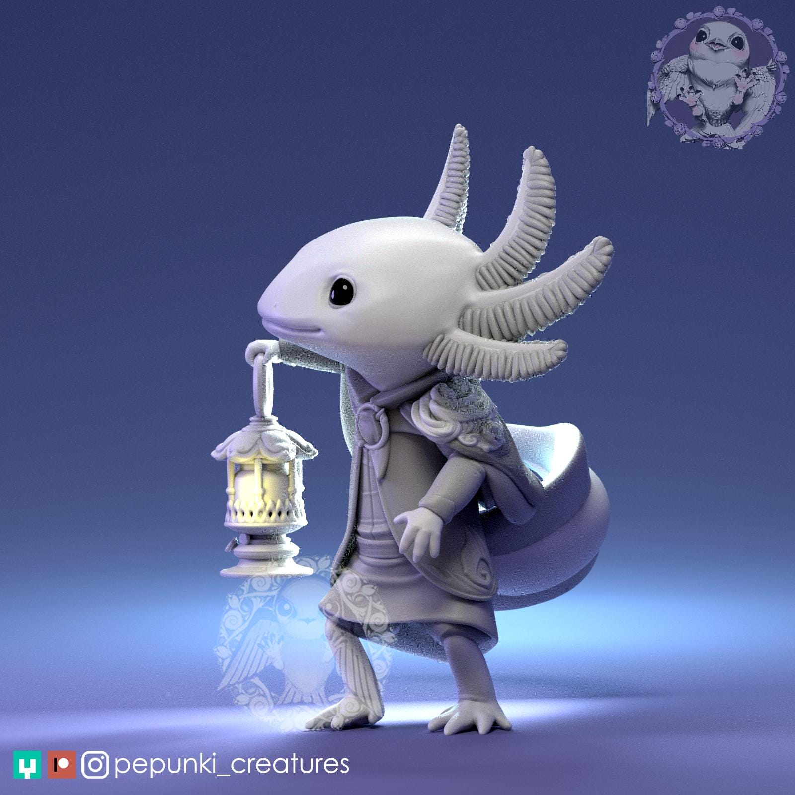 Little Axolotl with Lamp | Tabletop Miniature | Pepunki Creatures