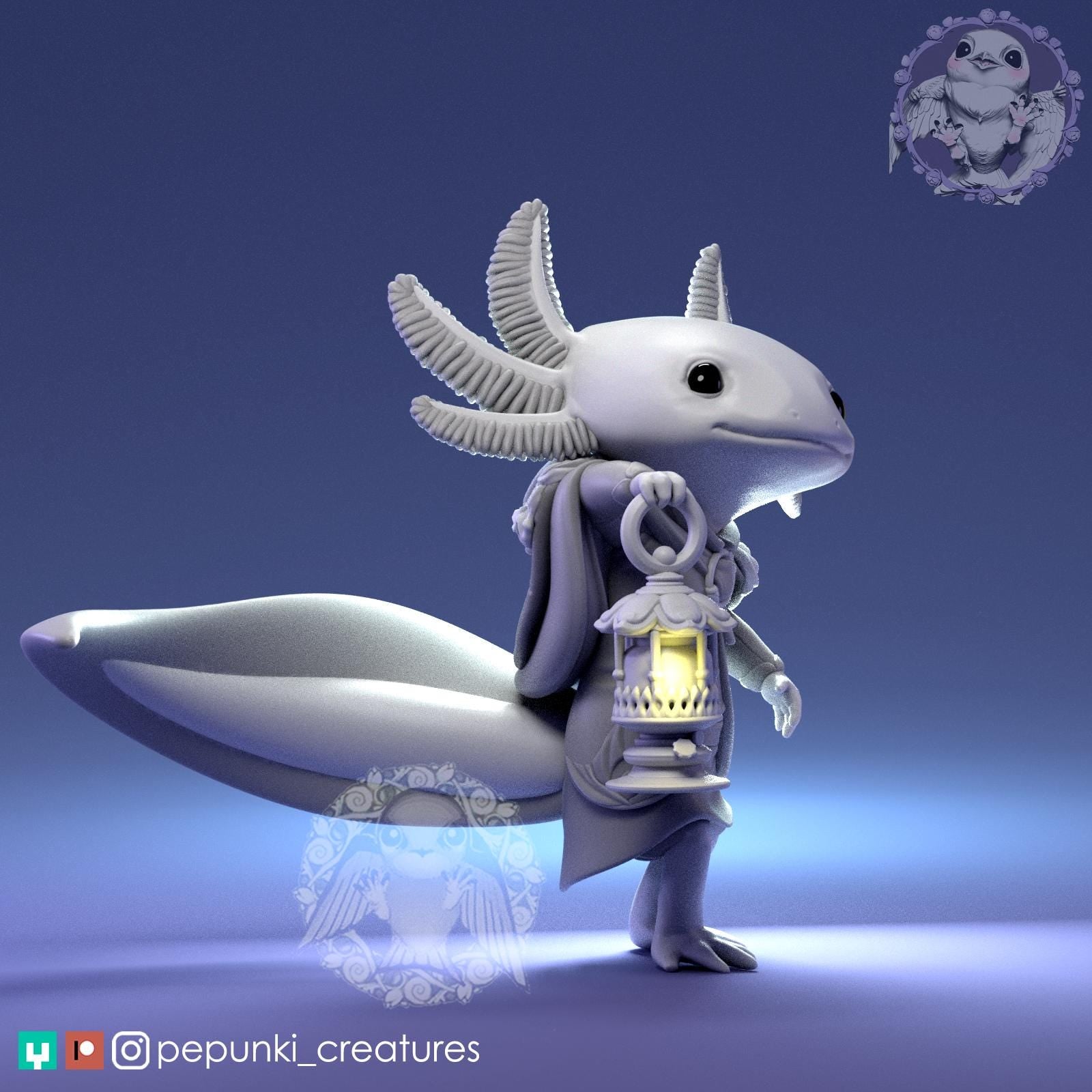 Little Axolotl with Lamp | Tabletop Miniature | Pepunki Creatures
