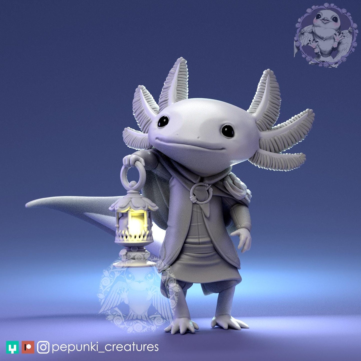 Little Axolotl with Lamp | Tabletop Miniature | Pepunki Creatures