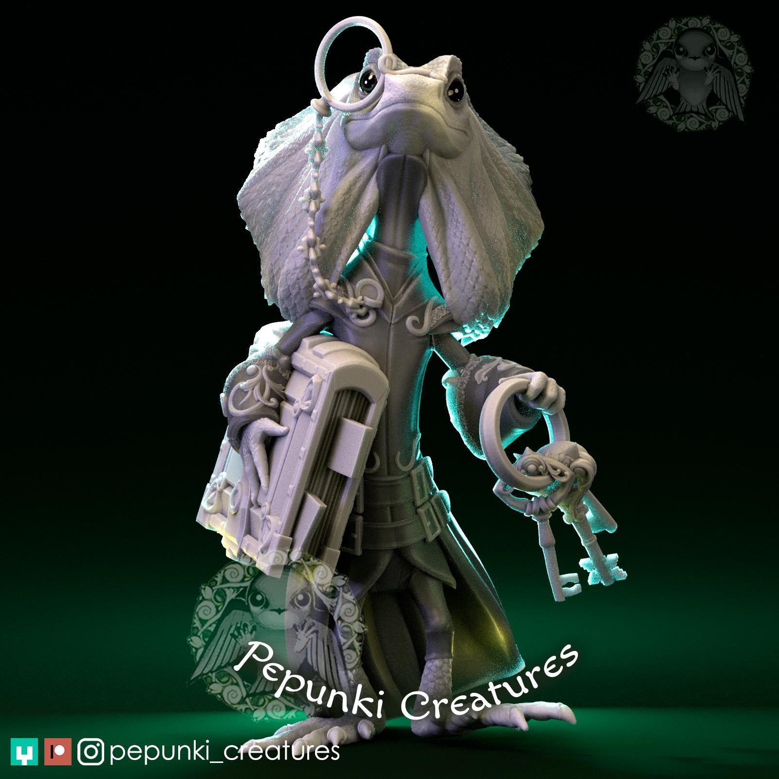 Frilled Lizard Librarian | Tabletop Miniature | Pepunki Creatures