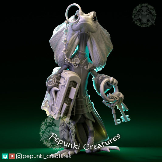 Frilled Lizard Librarian | Tabletop Miniature | Pepunki Creatures