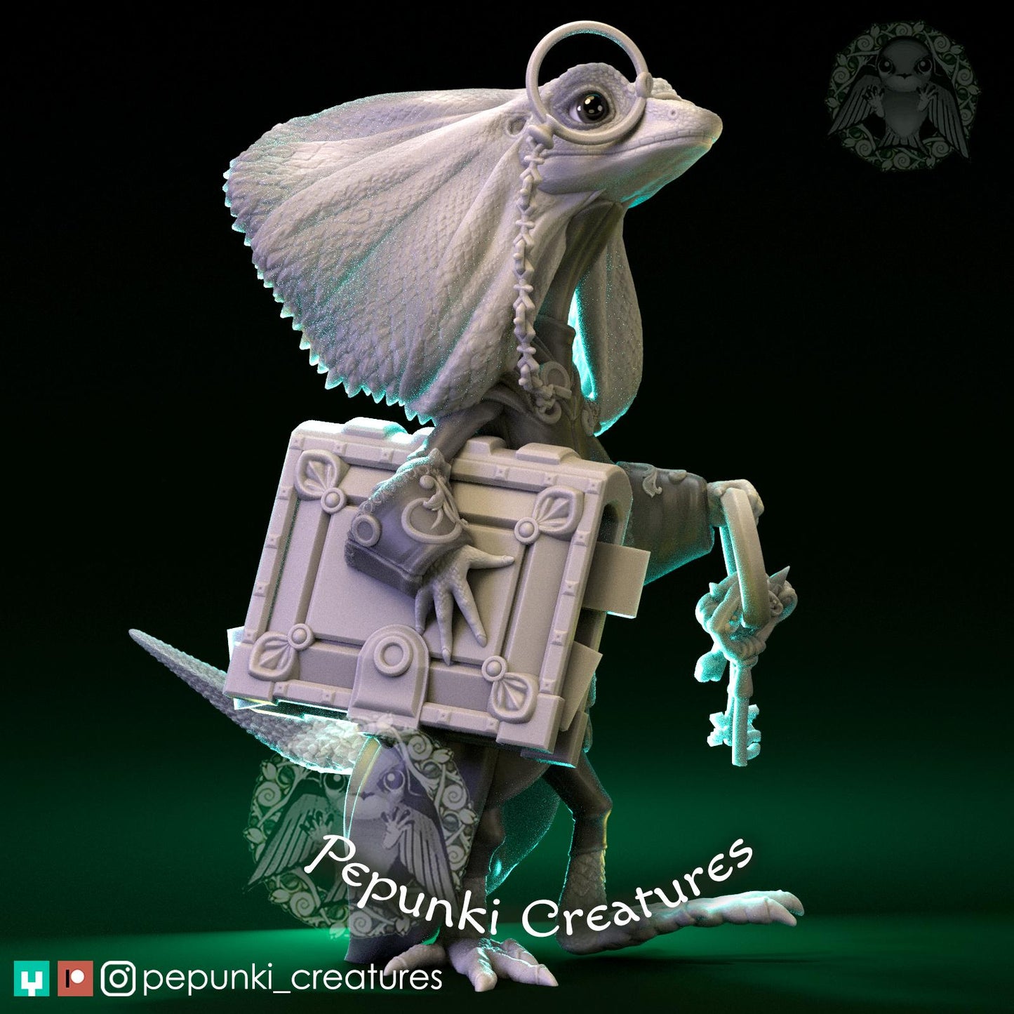 Frilled Lizard Librarian | Tabletop Miniature | Pepunki Creatures