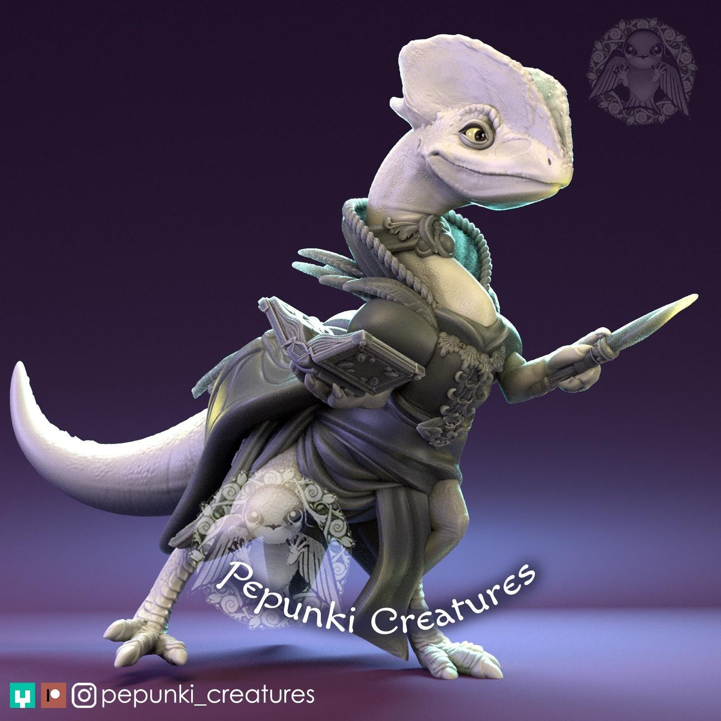 Dilophosaurus Wizardess | Tabletop Miniature | Pepunki Creatures