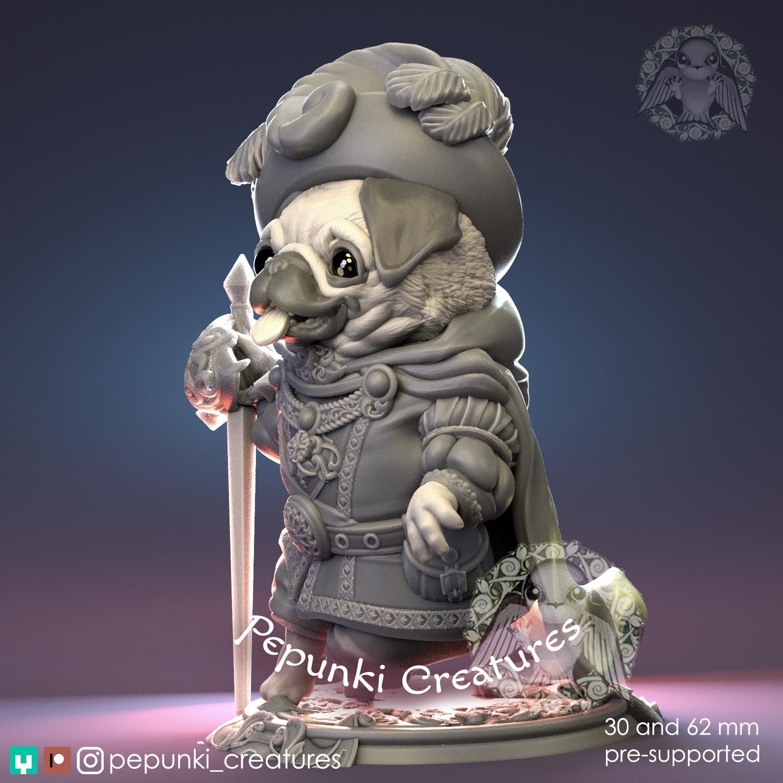 Pug Chevalier | Tabletop Miniature | Pepunki Creatures