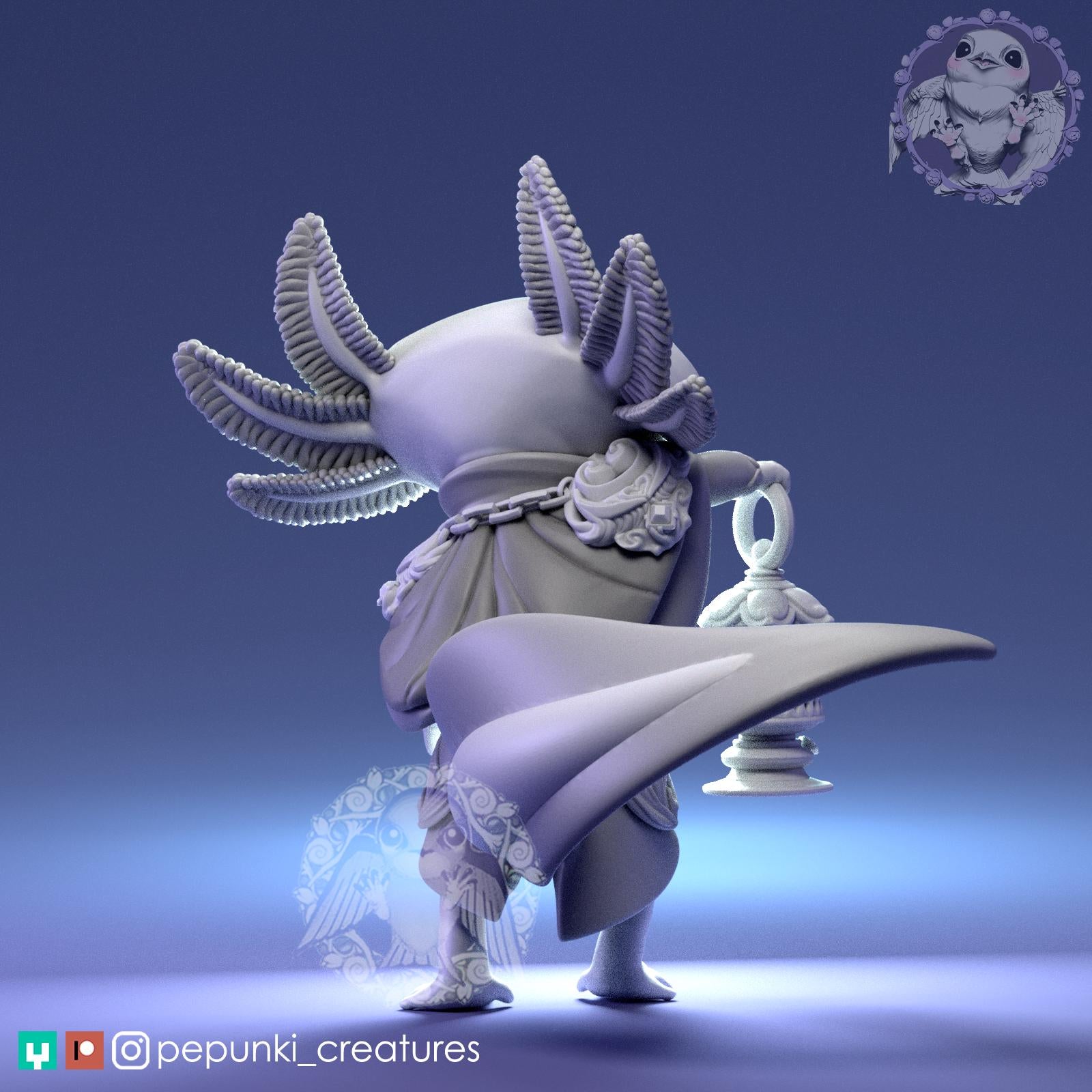 Little Axolotl with Lamp | Tabletop Miniature | Pepunki Creatures