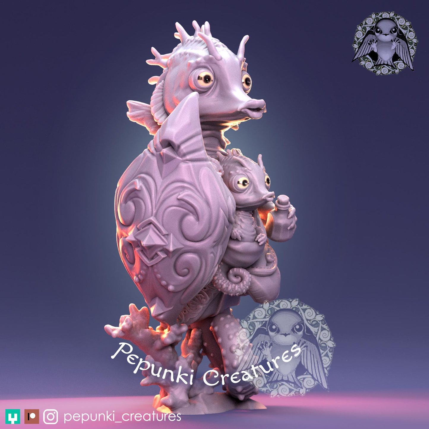 Seahorse Guardian with Baby | Tabletop Miniature | Pepunki Creatures