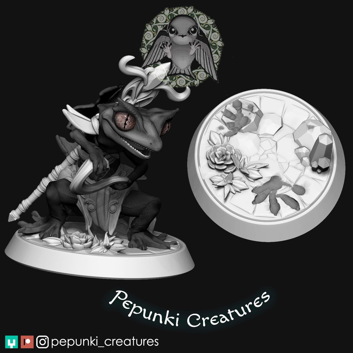 Leaf Gecko Sorceress | Tabletop Miniature | Pepunki Creatures