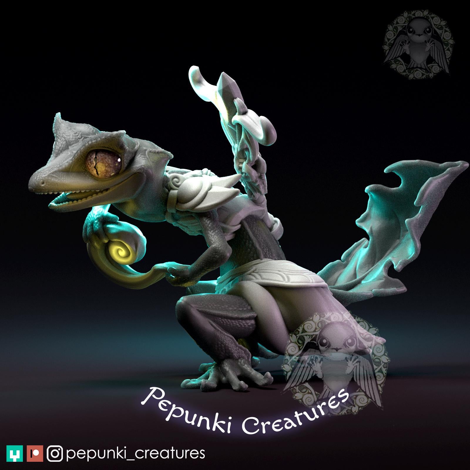Leaf Gecko Sorceress | Tabletop Miniature | Pepunki Creatures