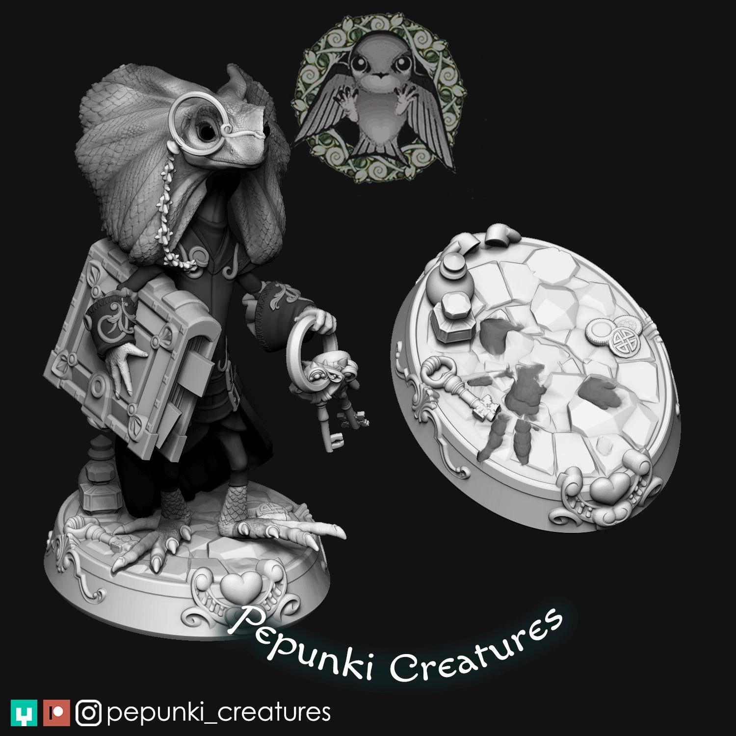 Frilled Lizard Librarian | Tabletop Miniature | Pepunki Creatures