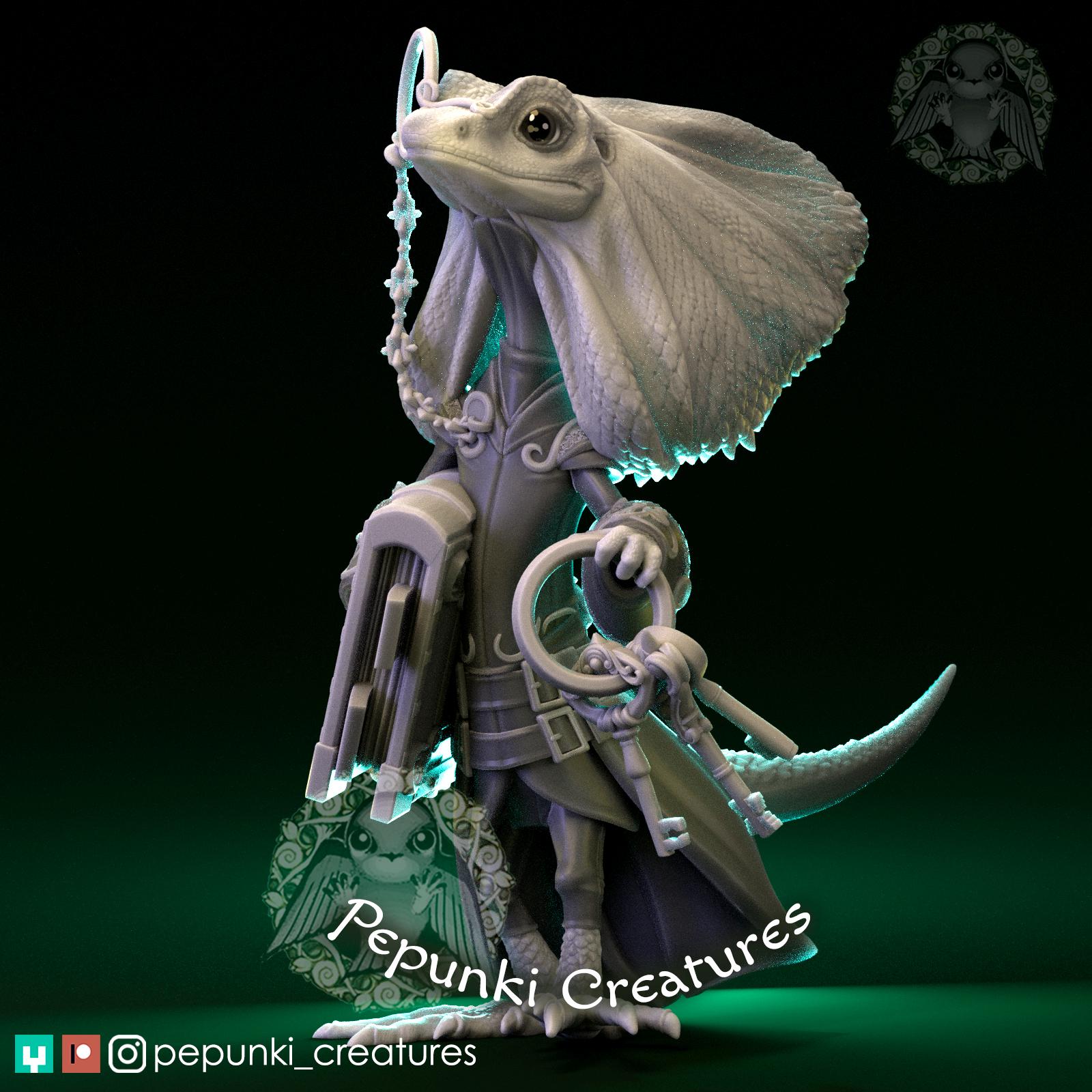 Frilled Lizard Librarian | Tabletop Miniature | Pepunki Creatures