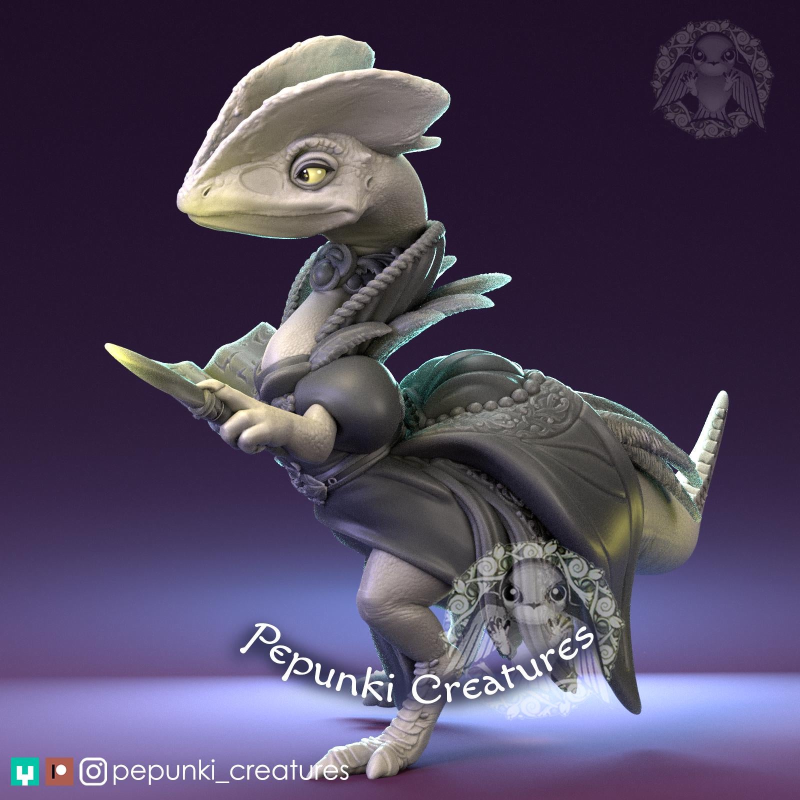 Dilophosaurus Wizardess | Tabletop Miniature | Pepunki Creatures