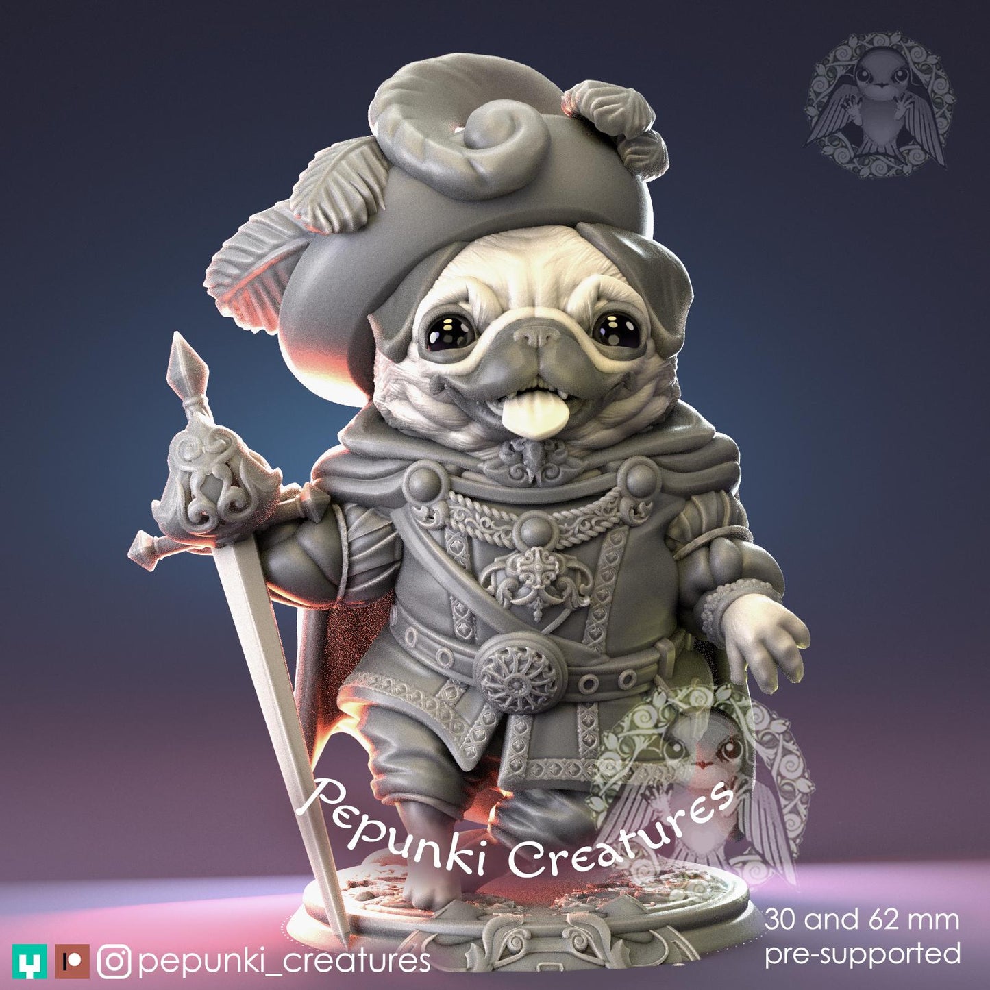 Pug Chevalier | Tabletop Miniature | Pepunki Creatures