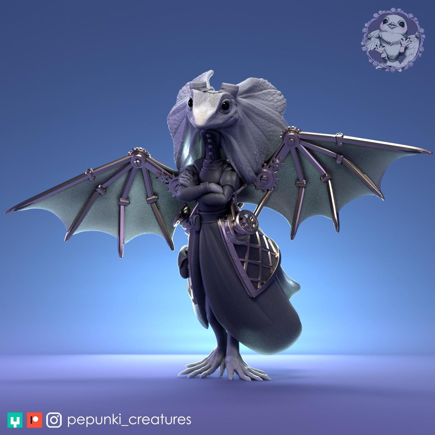 Steampunk Frilled Lizard Pilot | Tabletop Miniature | Pepunki Creatures