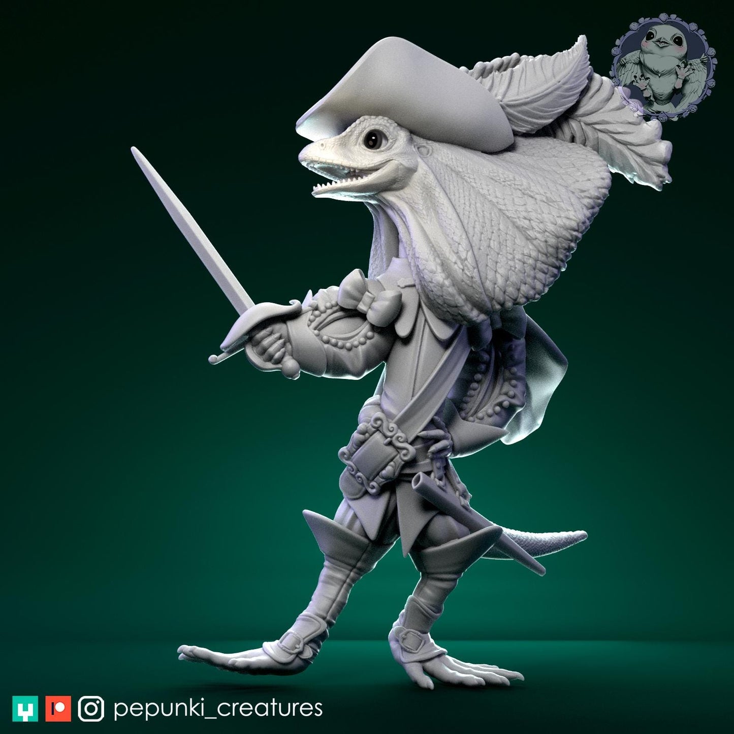 Frilled Lizard Musketeer | Tabletop Miniature | Pepunki Creatures