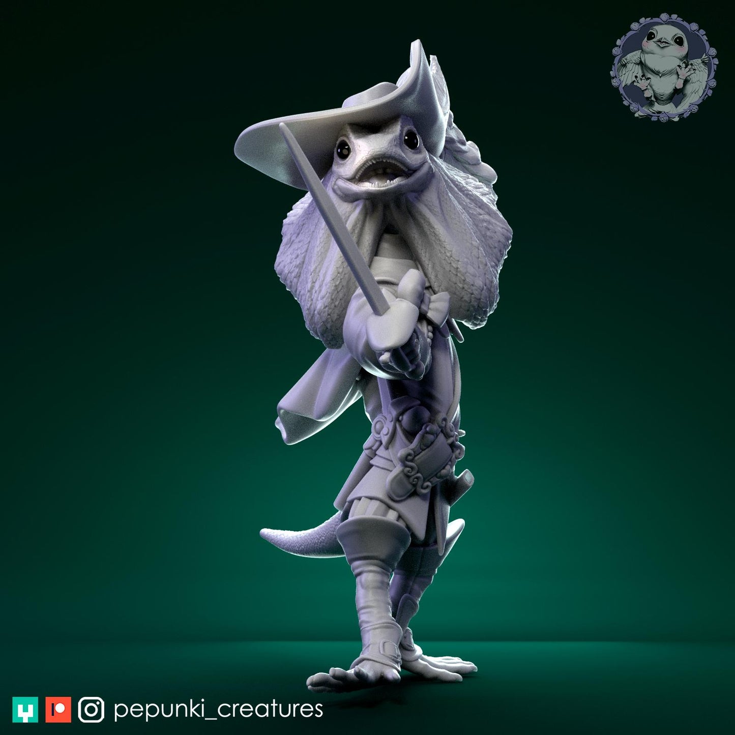 Frilled Lizard Musketeer | Tabletop Miniature | Pepunki Creatures