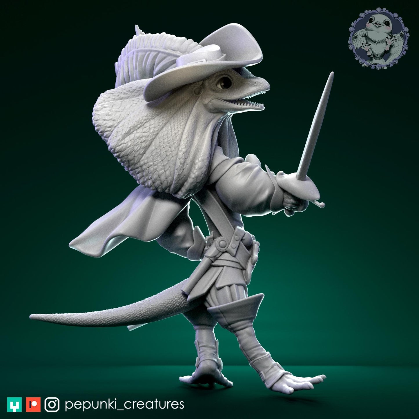 Frilled Lizard Musketeer | Tabletop Miniature | Pepunki Creatures